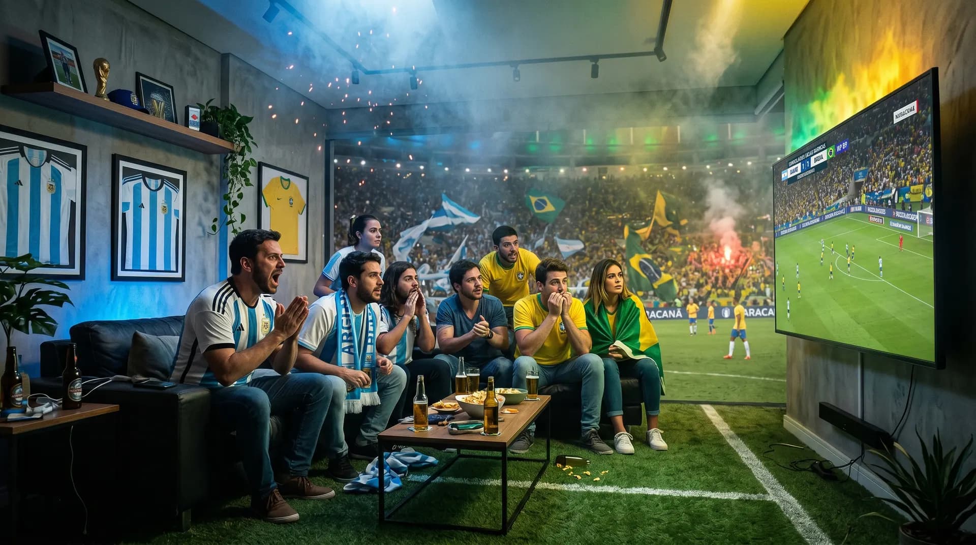 Amigos vibrando juntos assistindo ao jogo, sala se transformando em estádio