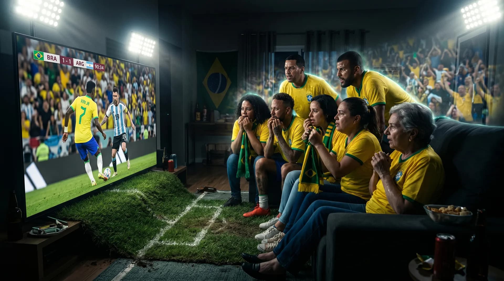 Família reunida no sofá assistindo a um jogo de futebol com imagem nítida na TV