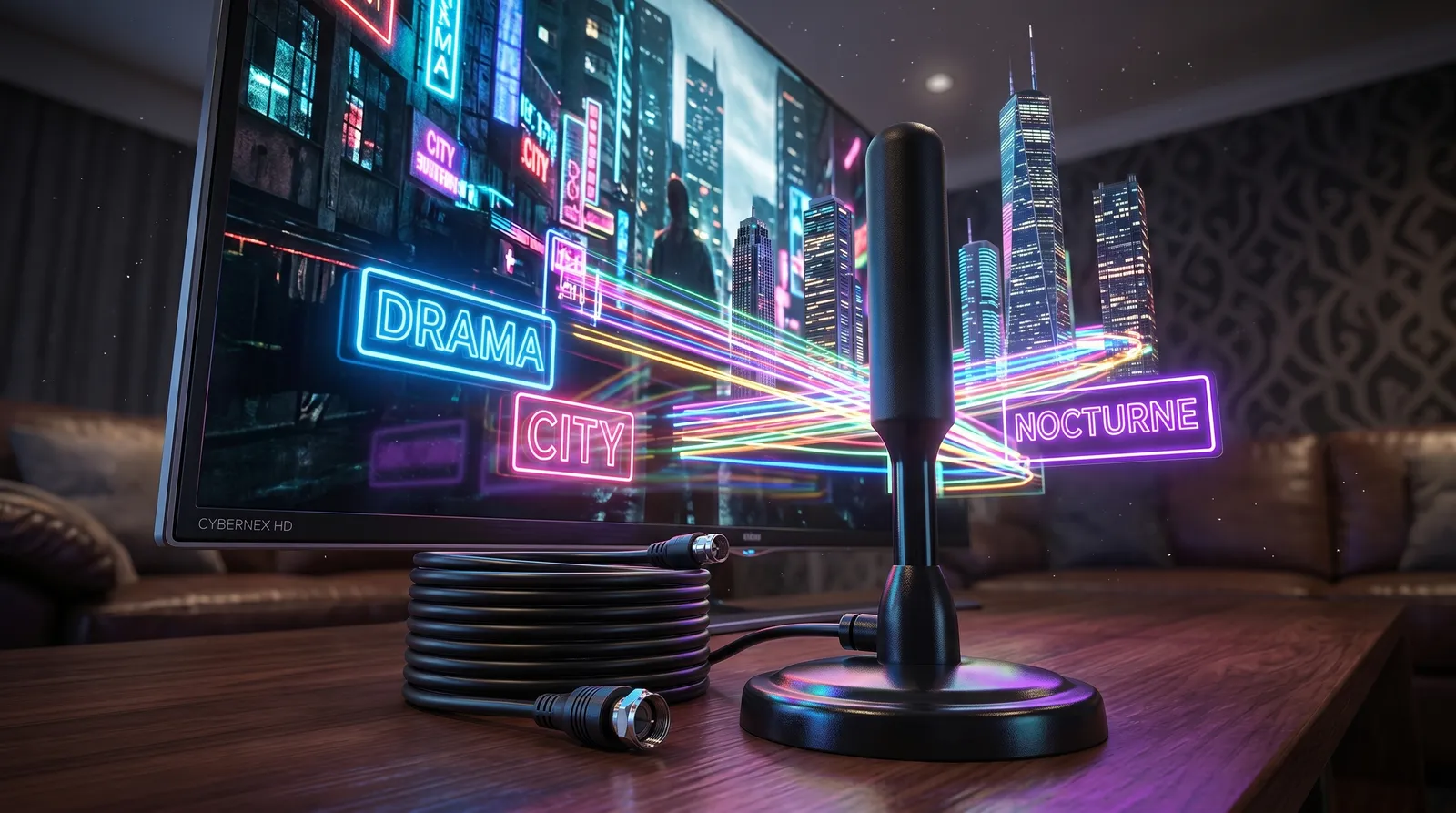 Antena digital sobre o móvel da sala, em frente à TV ligada em alta definição