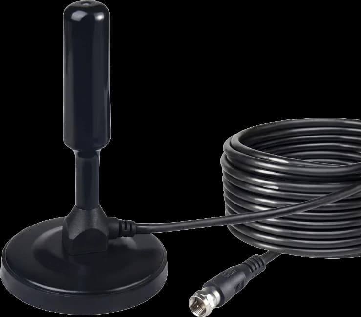 Antena digital HDTV em foto de estúdio, design compacto e elegante