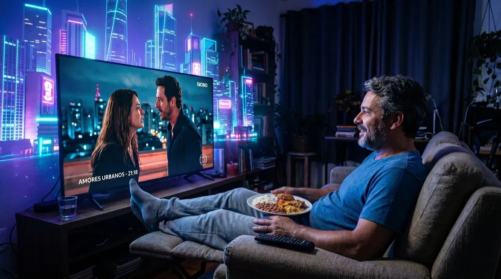 Homem jantando no sofá assistindo a um filme à noite