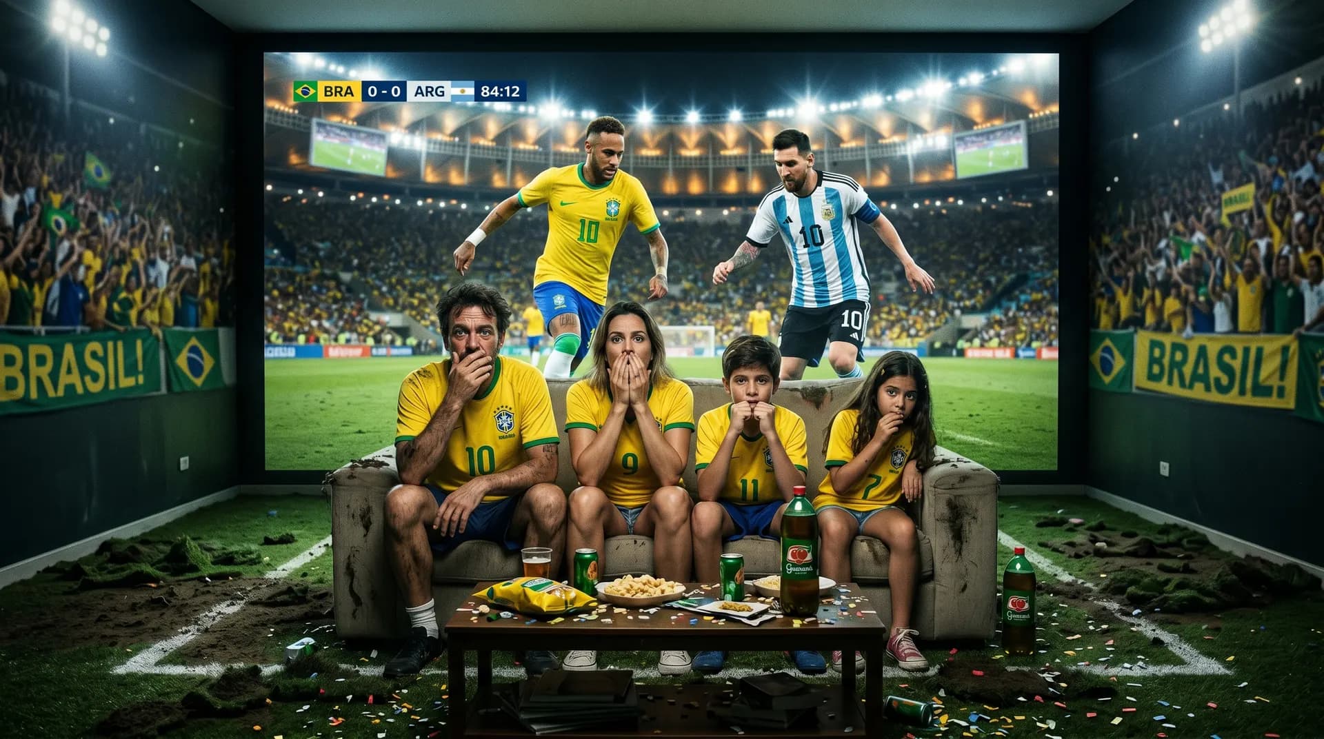 Família apreensiva assistindo a um jogo decisivo na TV